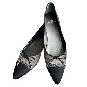 Stuart Weitzman Metallic Silver Ballet Flats Black Cap Pointed Toe Bow Details